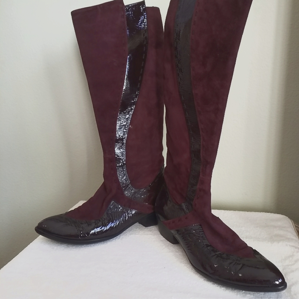 Arnold Churgin Burgundy Suede & Patent Leather Boots Size 38